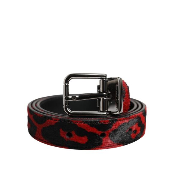 Dolce & Gabbana Black Red Leopard Silver Metal Buckle Men's Belt